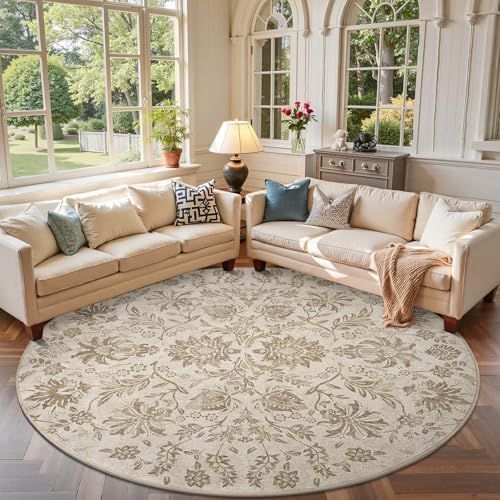 jinchan Torino Classic Floral Round Rug 8ft, Vintage-Inspired Neutral Design