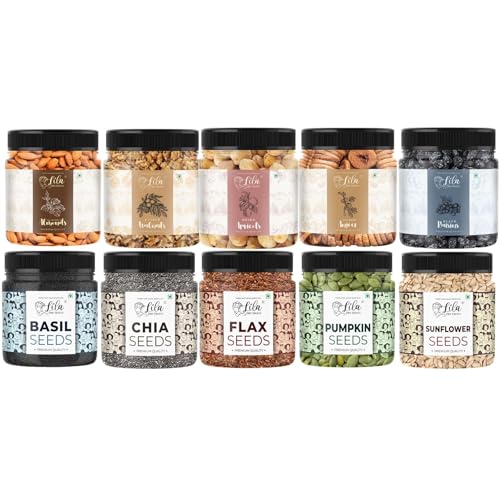Image of LILA DRY FRUITS Weight Management Combo Pack 10 in 1 (100g x 10) Nuts & Seeds Mix Almonds Walnuts Apricots Black Raisins Anjeer Chia Flax Pumpkin Sunflower Basil Seeds Superfood Daily Healthy Snack
