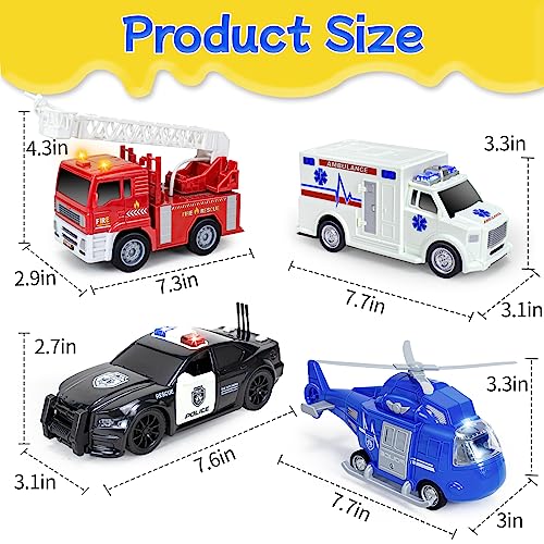 Toy Cars Set for 2-6 Year Old Boys: Fire Truck, Ambulance, Helicopter, Police Car - Friction Powered with Lights & Sounds