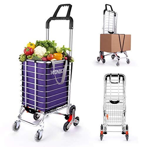 Shopping Cart,Stair Climber Cart,177lb/36L Large Capacity,Grocery Utility Cart,Aluminum Alloy Portable Foldable Trolley Cart,with 8 Rubber Wheel,with Shopping Bag,with Bungee Cord (Purple Bag)