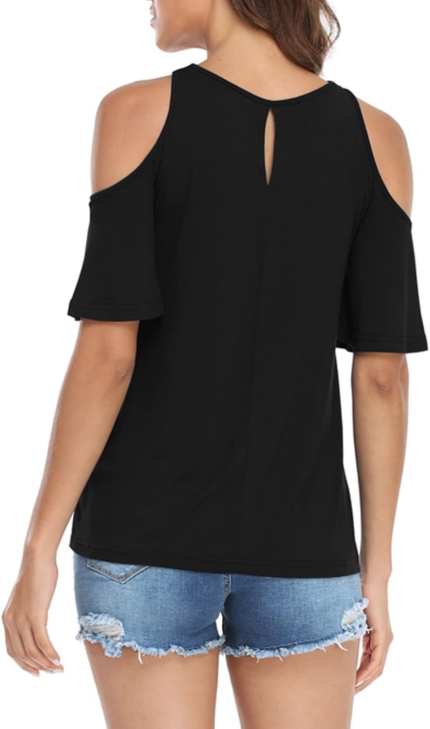 Womens Summer Halter Cold Shoulder Tops Sexy Casual Short Sleeve Keyhole T Shirts Blouse - Image 6