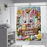 Cortina de Ducha de Conejito de Pascua de Dibujos Animados adorables, Huevos de Colores, Fondo Floral Cortina de Ducha para niños y Tejido Impermeable de baño 200 x 200 cm