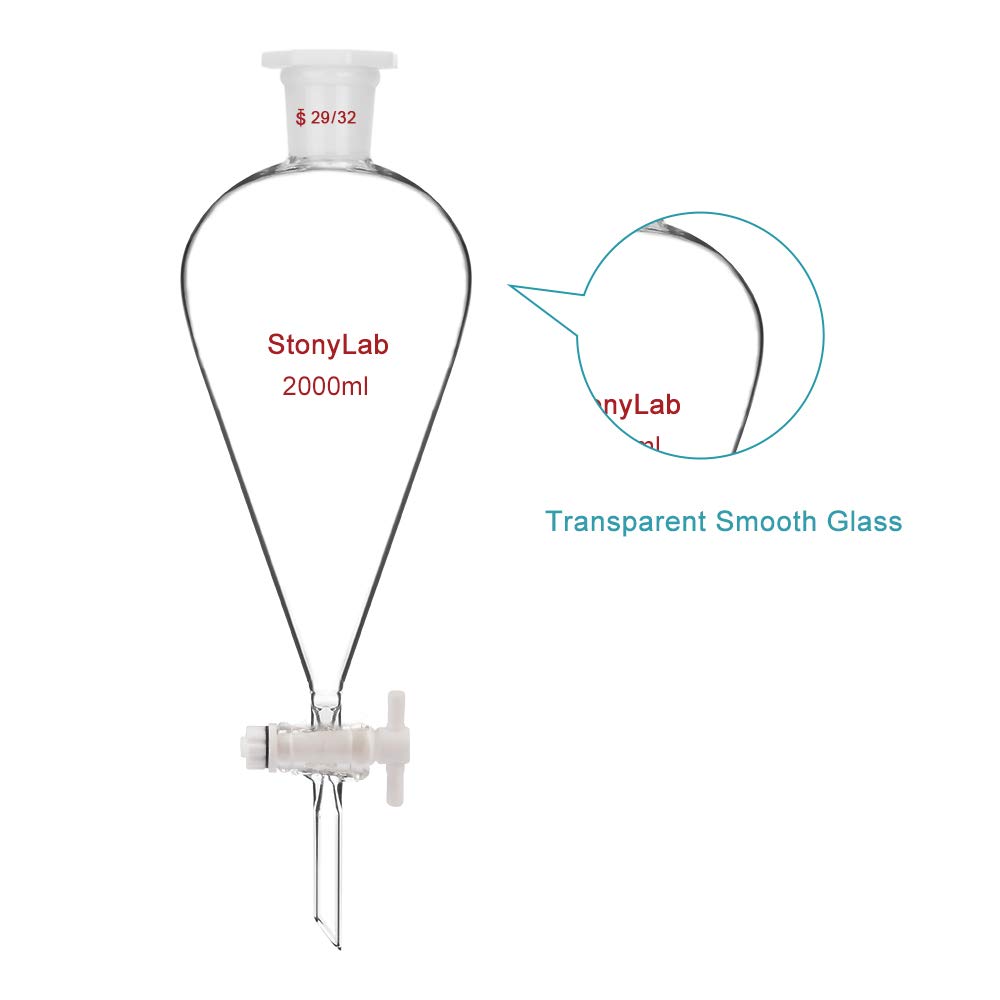 stonylab Imbuto Separatore Conico in Vetro Borosilicato Pesante con Giunti 29/32 e Rubinetto di Chiusura in PTFE Conical Separatory Funnel, 2000 ml