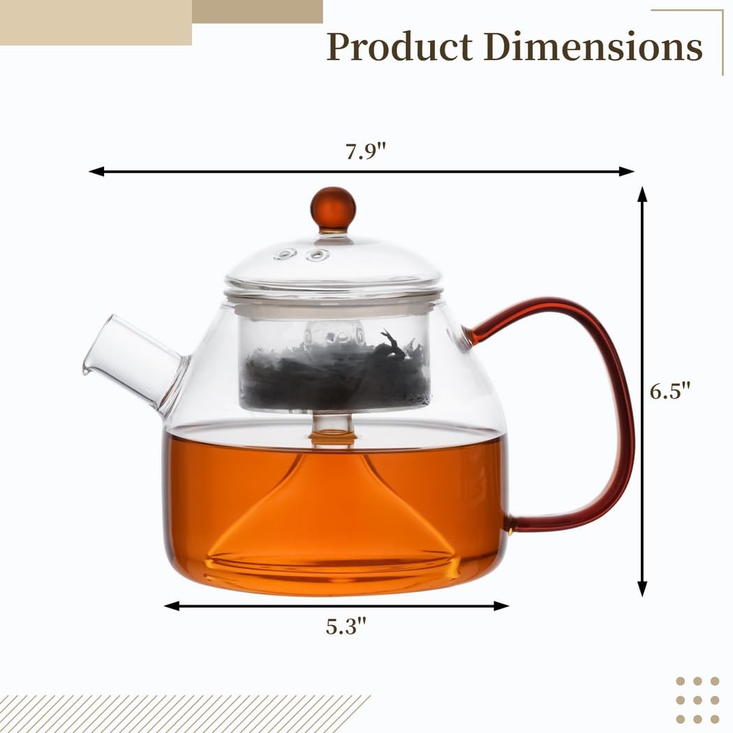 Glasteekanne, 1200 ml, für Herd und Mikrowelle geeignet, aus 2 mm Borosilikatglas, mit herausnehmbarem Edelstahl-Teesieb, großem Griff, tropffreiem Ausguss, für Blooming Tea und losen Tee