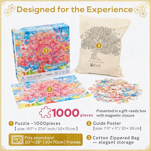 HIBINO Rompecabezas de 1000 Piezas para Adultos | Diseño de Vidrio Teñido Sakura Japonés, Piezas con Letras, Bolsa de Algodón y Póster miniatura 5