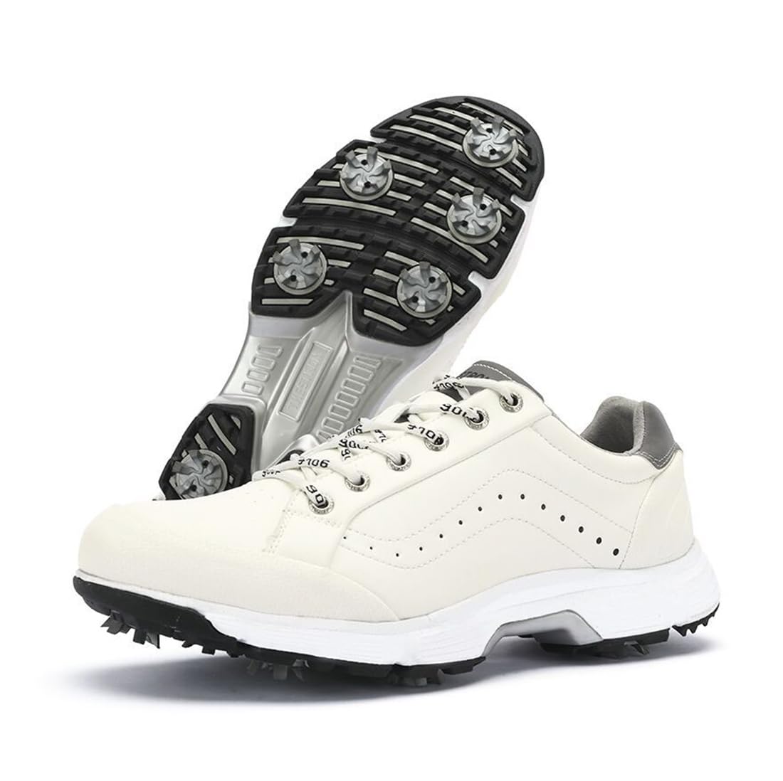 VEACAM Men's Golf Shoes Outdoor 7 Spikes Golf Sport Sneakers Waterproof Trainers Spiked Golfing Footwear for Male,White,10