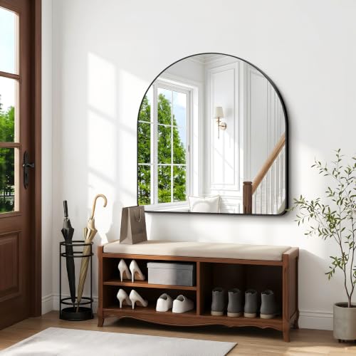 Image of BONEWEI Arched Wall Mirror,45x45 inch Black Arched Mirror Bathroom,Large Vanity Mirror for Over Sink Metal Frame,Tempered Glass Arch Mirrors for Bedroom,Entryway,Living Room,Home Decor Shatter-Proof