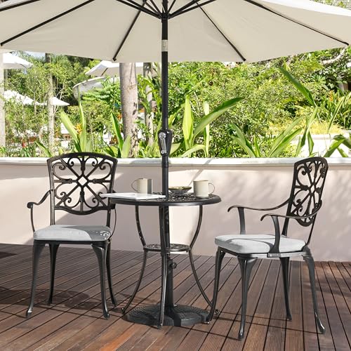 Image of NUU GARDEN Bistro Set 3 Piece Outdoor Cast Aluminum Patio Table and Chairs Set of 2 with Umbrella Hole and Grey Cushions for Backyard, Balcony, Black