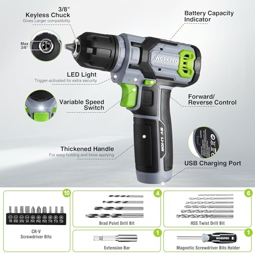 Image of WORKPRO 43PCS Cordless Lithium-ion Drill Driver & Toolbox, 8V 2.0 Ah Power Drill Set with Household Hand Tool Kit, Battery Powered Screwdriver with Stackable Tool Box