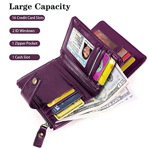 Small Wallet for Women, RFID Blocking Leather Compact Billfold RFID Blocking Zipper Wallet with ID Window,Purple Flowers2