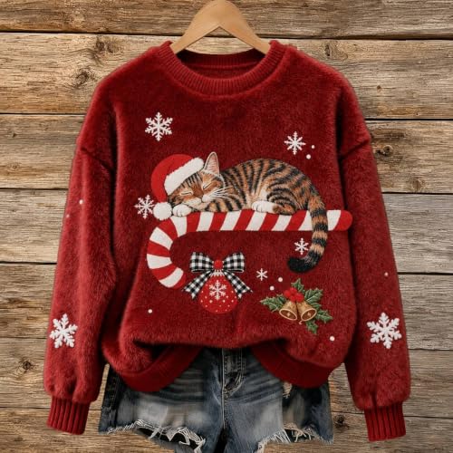 CHENXDZHAO Womens Christmas Tops,Christmas Sweaters For Women 2026 Cute Crewneck Long Sleeve Xmas Sweatshirt Warm Cozy Holiday Party Pullover Tops,Red1,L - image 2