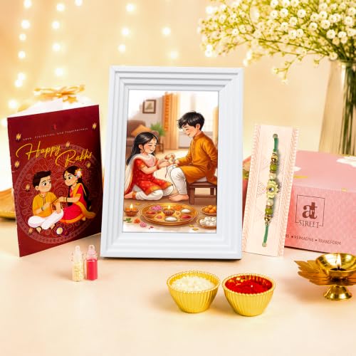 Image of Art Street Table Rectangular Photo Frame with Lotus Floral Rakhi, Plexi Glass, Engineered Wood Step Photo Frame for Home and Office Decoration Tabletop (White, Size- 4x6 Inch)