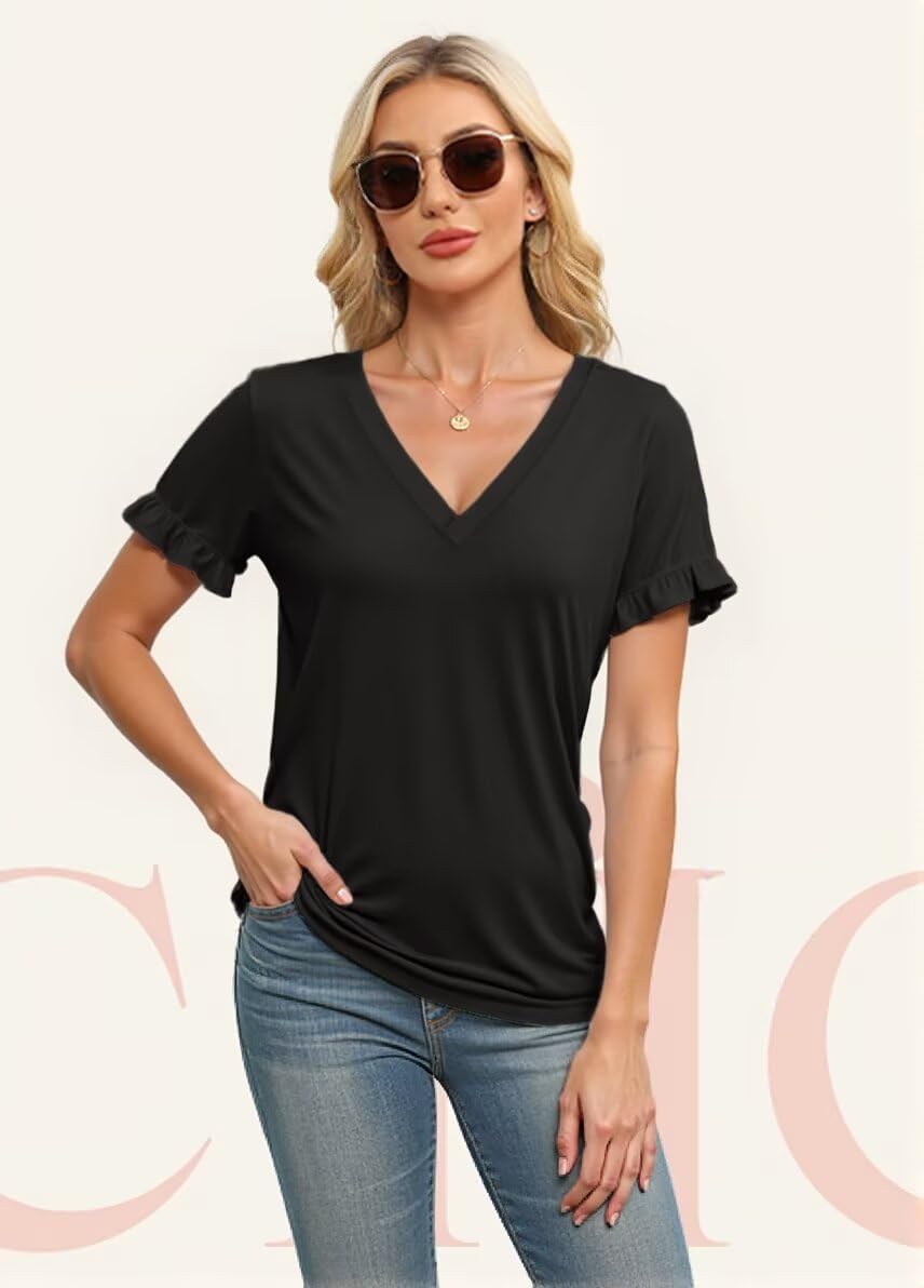 Valiamcep T Shirts Short Ruffle Sleeve V Neck Tees Womens Tops Beach Vacation 2026 Casual Summer Spring Outfits - Image 5