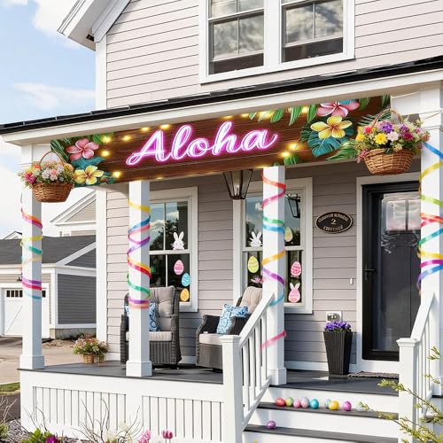 Image of 78.7 x 17.7 Inch Aloha Banner Hawaiian Luau Party Decorations Tropical Summer Yard Decorations Wood Floral Fence Sign Seasonal Outdoor Decor