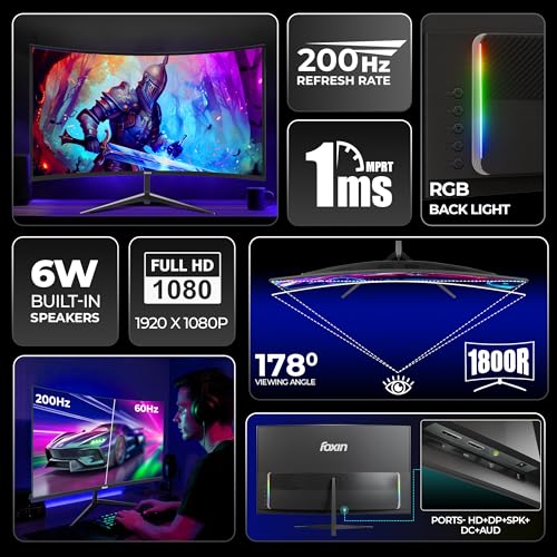 Image of Foxin Phantom 24 inch (59.94 cm) 1800R Curved Gaming Monitor, FHD 1920x1080p, 250Nits, 200Hz, 1ms, Adaptive Sync | 99% sRGB | HDMI & VGA Ports | RGB Backlight, 3W x 2 Speakers | Wall Mountable | Black