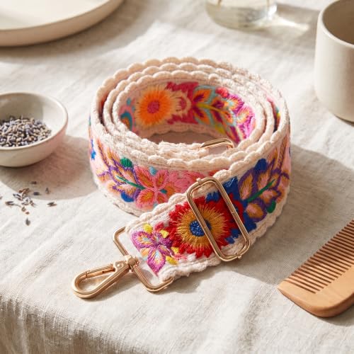 Image of Crochet Flower Purse Strap Embroidery Crossbody Shoulder | 2inch wide colorful floral knit purse straps crossbody replacement adjustable flower fashion for handbag guitar women