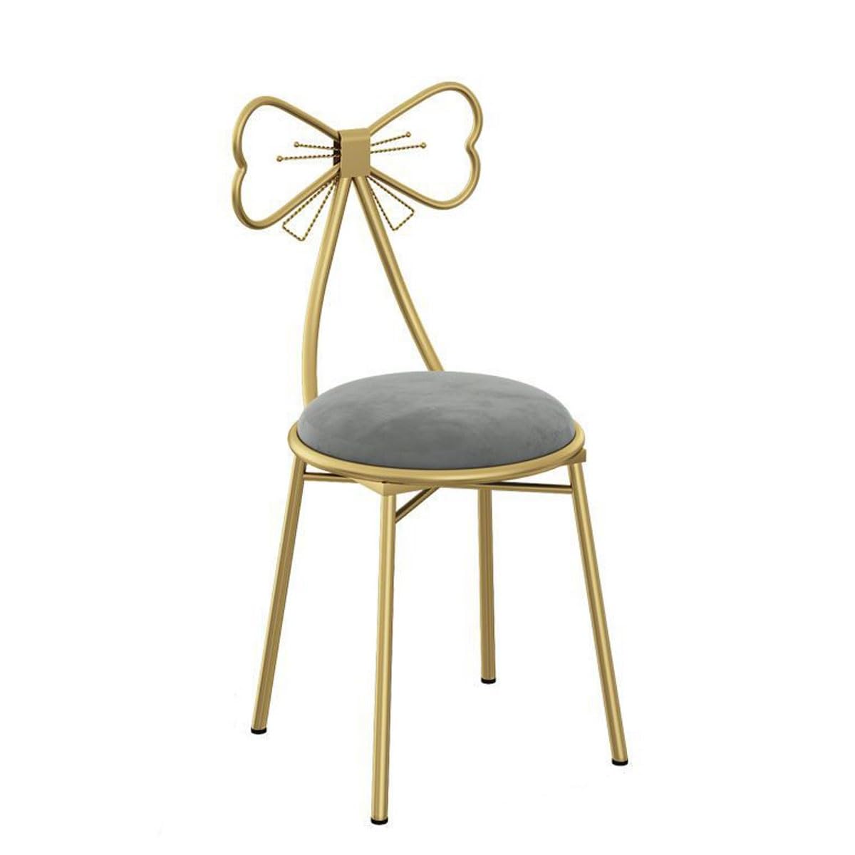 Taburete de terciopelo para niñas y silla de maquillaje gris con lazo