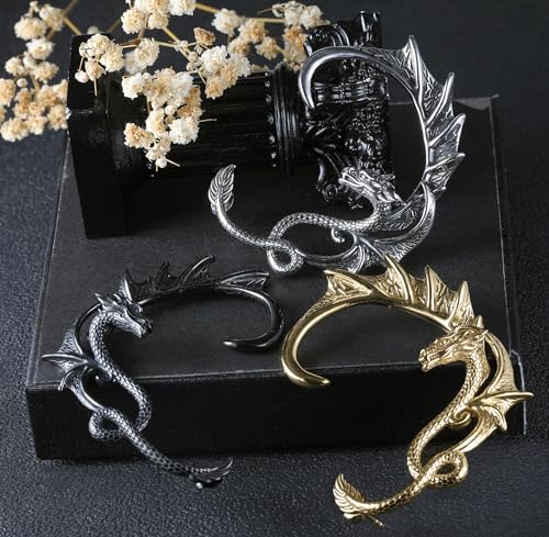 1PCS Gothic Dragon Ear Cuff Stainless Steel Retro Dragon Earrings Punk Snake Dragon Fish Crocodile Cuff Wrap Earrings Cartilage Climber Ear Earrings Stud for Women Men, Gold/Silver/Black4