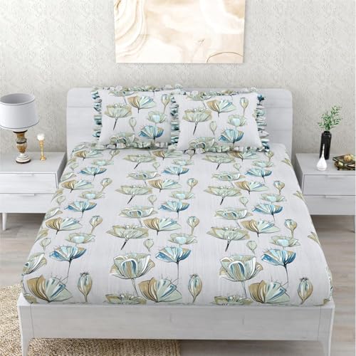 Image of 350 TC Premium Heavy Cotton Feel Elastic Fitted Bedsheet King Size with 2 Frill Pillow Covers King Size || Double Bed with All Around Elastic (Floral White, Fitted - 72 inchx78 inch King)