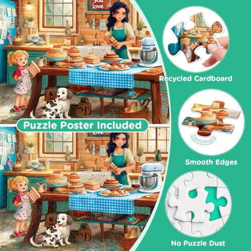 Rompecabezas de 500 piezas para adultos: Cocina rústica acogedora con repostería | Escena colorida de postres y pasteles, rompecabezas familiar de cartón reciclado como regalo para mujeres, adultos mayores y amantes de los puzzles miniatura 4