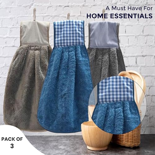 Image of Hand Towel with Loop | 600 GSM | Hanging Napkin for Wash Basin, Kitchen Sink, Bathroom| Pack of 3 in (Grey, Blue and Cream) | Assorted