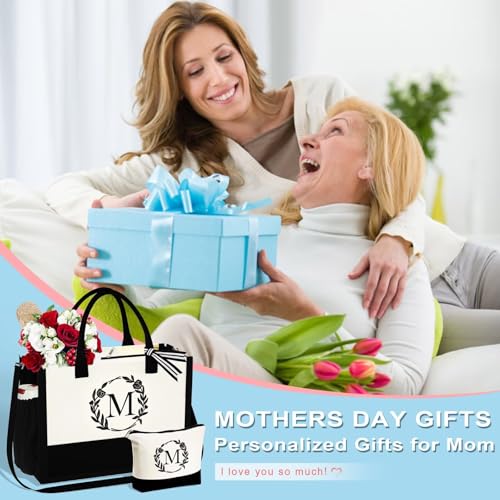 YOOLIFE Gifts for Women - Initial Canvas Tote Bag Makeup Bag, Personalized Gifts for Women Mom Wife Teacher Friend Birthday2