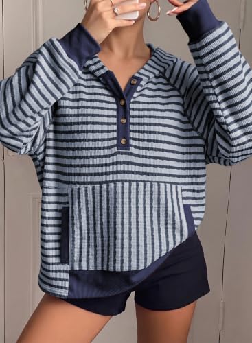 Dokotoo Striped Sweatshirt for Women Pullover Shirts Fall Outfits, Blue M - image 5
