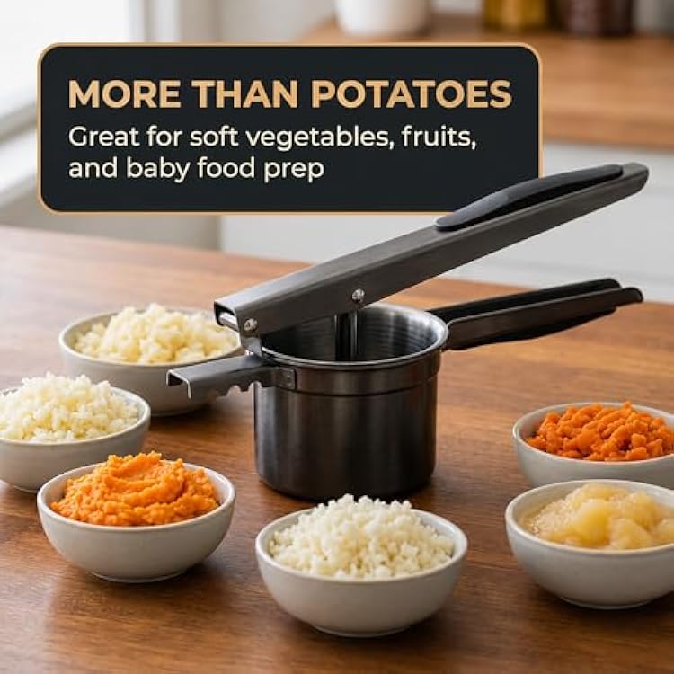 Potato Ricer Stainless Steel (15 oz, Black) - Heavy Duty Potato Masher with 3 Interchangeable Discs & Peeler - Easy Mashed Potatoes Kitchen Tool by Kovilo