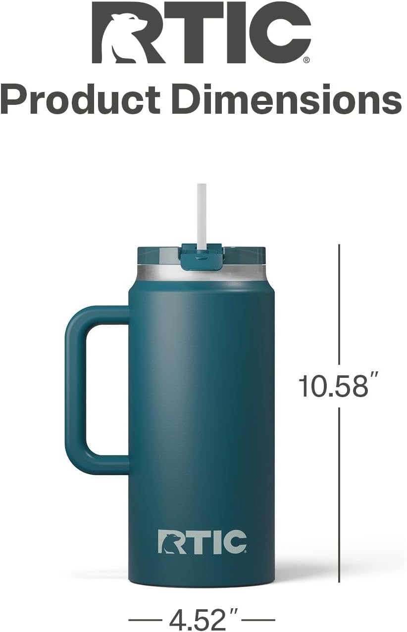 RTIC 64oz Road Trip Tumbler with Handle, Lid and Straw, Ceramic Lined, Insulated, Stainless Steel, Double Wall Vacuum-Insulation, Travel Cup, Marine
