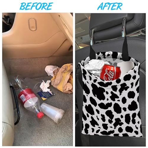 Image of Car Trash Bag Cow Texture Car Garbage Bag Hanging Car Trash Can for Back Seat with Drawstring, Waterproof Garbage Bags for Accessories Vehicle Travelling Camping Outdoor