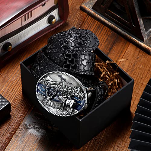 Photect Western Leather Buckle Belts Cowboy Deer Buckle Belt Wildlife Elk Buckle Belt Floral Engraved Cowboy Belts For Men (Black) #TOP3