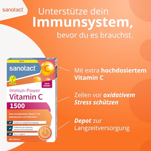 sanotact® Vitamin C 1500 – hochdosiert & vegan – 30 Tabletten Depot – Vitamin C hochdosiert für Immunsystem, Zellschutz & Energie – glutenfrei, laktosefrei, zuckerfrei – Immunsystem stärken