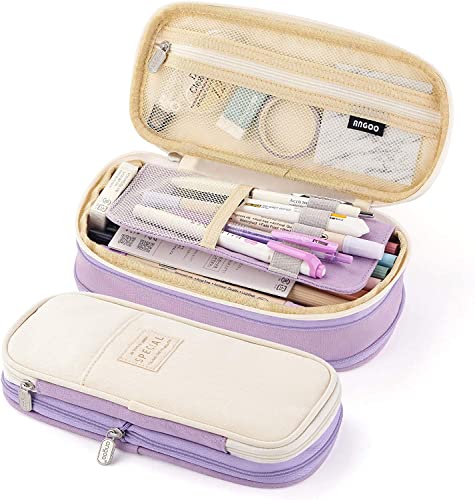 Image of FINEMOE Large Pencil Case Stationery Items for Girls and Boys, Canvas Bags Pen Pencil Pouch for School College and Office, Organize Makeup Cosmetic, Aesthetic Cute Stationary Box (Purple)