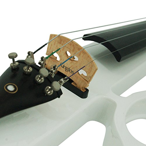 Image of Kinglos. Visual-Art Advanced Electric Violin 4 /4 Full Size Ebony Fittings | Incl. Case Bow Shoulder Rest Aux Cable Spare Bridge Strings - Solid Wood White Coloured Silent Fiddle Kit for Adults Beginner