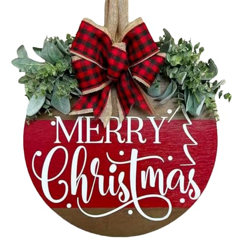 Image of Merry Christmas Wreath Hanging Sign for Front Door, Wooden Welcome Wreaths Sign with Bow for Holiday Rustic Farmhouse Outdoor Wall Window Decor (Merry Christmas)