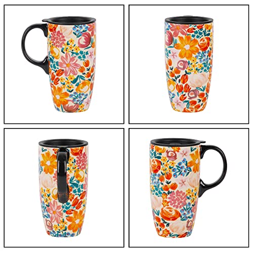 Voltogar Ceramic Mug Travel Coffee Cup Gift With Lid For Home & Office, 17Oz Porcelain Tall Tea Cup With Handle, Orange Floral Art Pattern Mug In Color Box, 6.5" H #TOP2