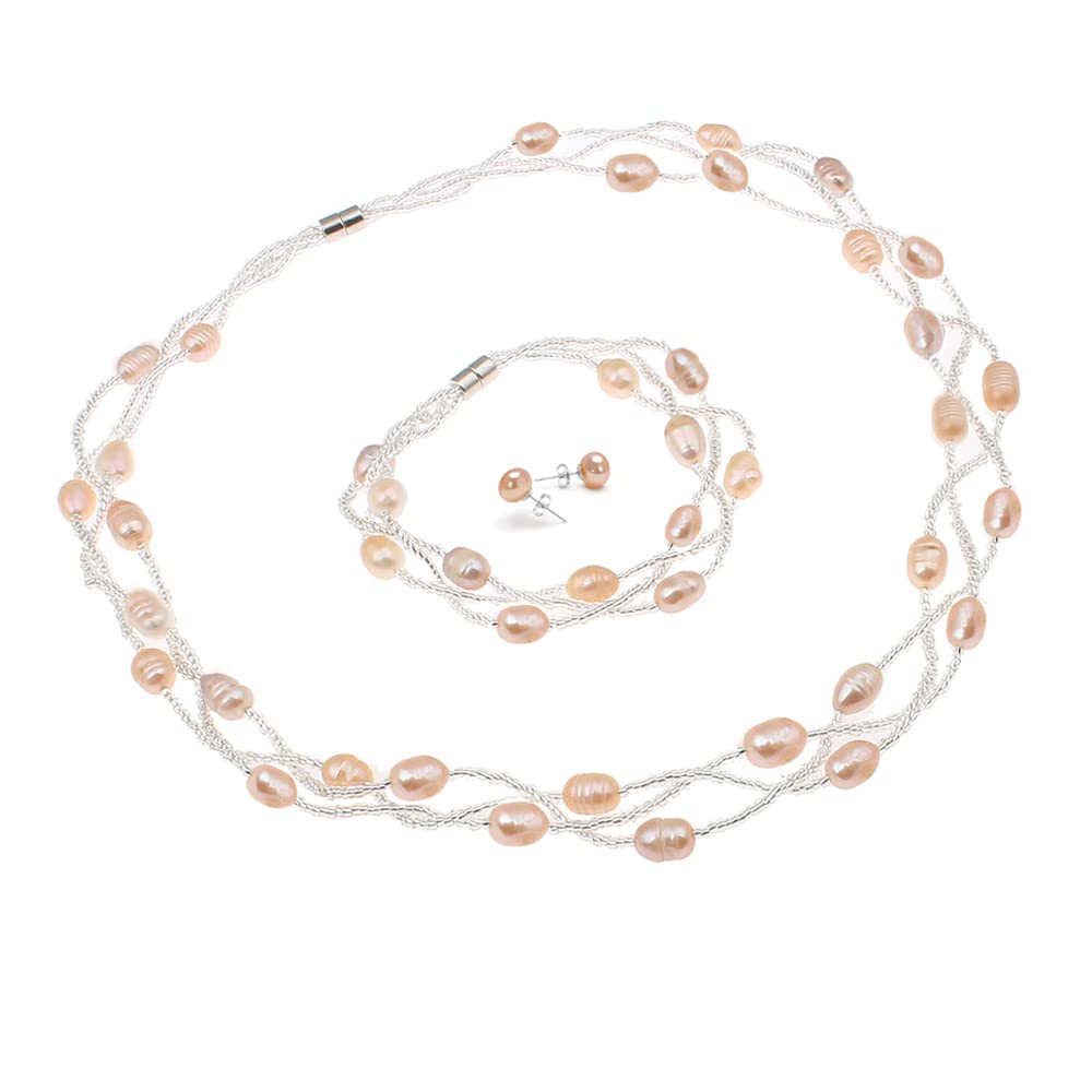 Treasure Bay Natürliche Süßwasserperlen Halskette Armband und Ohrringe Perlenschmuck Set