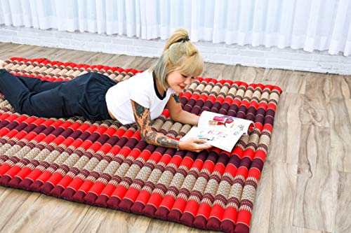 Image of Leewadee - Foldable Floor Mattress - Japanese Roll Up Futon -Trifold Tatami Mat- Guest Floor Bed - Camping Mattress - Thai Massage Mat, Kapok Filled, 75 x 57 inches, Red