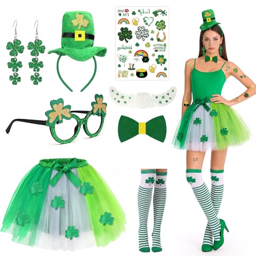 Beipegin Deguisement Saint Patrick Femme Tutu Bandeau Boucles d'Oreilles Leprechaun Costume Festival Irlandais Accessoire
