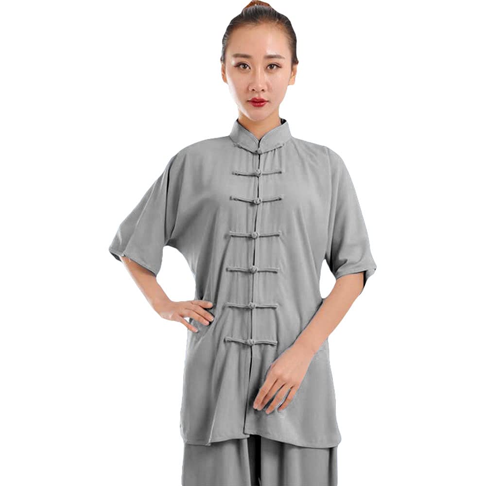 ZooBoo Unisex Cotton Blend Short Sleeves Tai Chi Suit Morning Exercise Uniform Kung Fu Clothing - gray - Medium