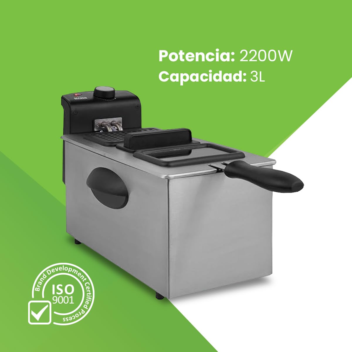 Becken - Freidora Eléctrica, Capacidad de 3L, 2000W, Termostato Regulable, Acero Inoxidable y Negro