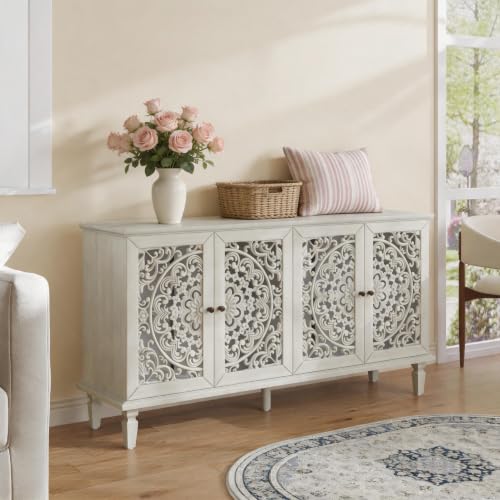 Image of White Sideboard Cabinet with Carved Doors, White Buffet Cabinet, Vintage Cabinet with Doors and Shelves, Farmhouse Storage Cabinet for Dining Room, Living Room & Entryway