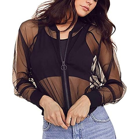 C.C-US Women's See Through Mesh Bomber Jacket Cover