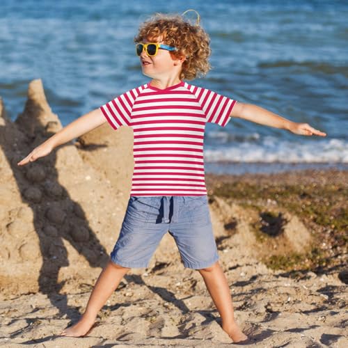 CaTaKu Hot Pink Stripes Boys Rash Guard Swim Shirts Toddler Quick Dry UPF 50+ Rashguard Short Sleeve 3-12T4