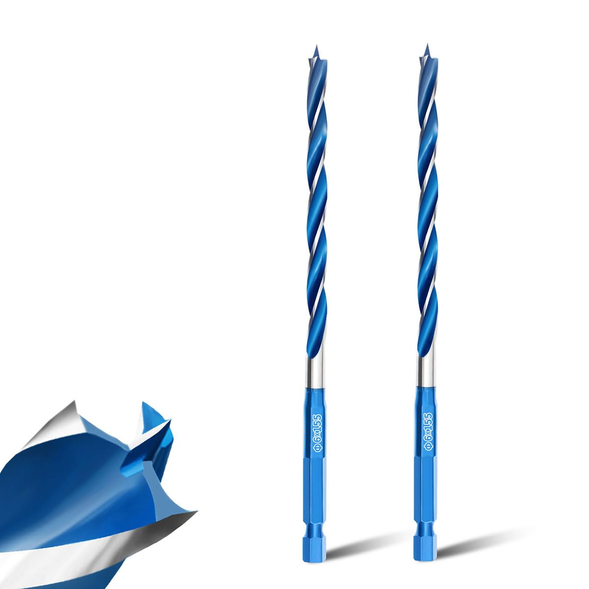 Teronbeta Wood Drill Bit 6mm x 155mm x 2pcs Professional 1/4 Inch Hex Shank Brad Point Auger Drill Bits for Wood
