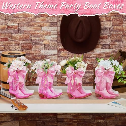 Image of 12 Set Pink Western Cowgirl Bow Boots Flower Boxes Centerpiece Boot Shape Gift Boxes Western Party Decoration Vase Centerpiece for Table Boots for Rodeo Birthday Baby Shower Wedding Supplies