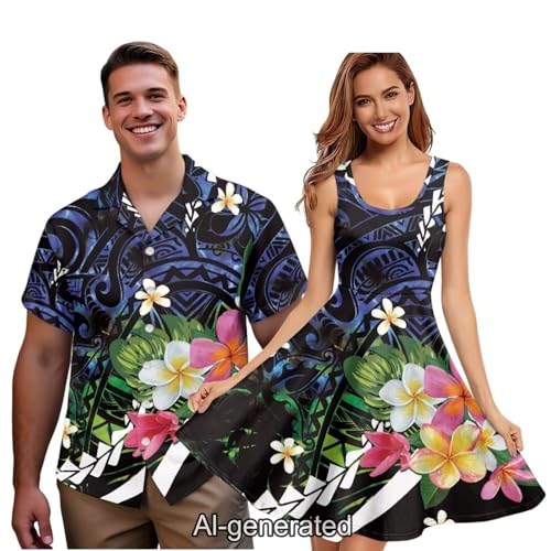 Image of Dreaweet Summer Dresses for Women A-Line Sleeveless Flowy Sun Dresses,Men's Casual Button-Down Shirts,Couple Matching Outfits