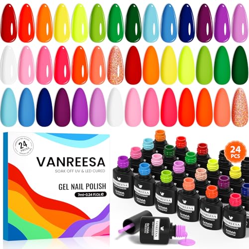 VANREESA 24 Pcs Gel Nail Polish Set, 21 Colors Bright Gel Polish with Base Coat Glossy & Matte Top Coat Red Orange Yellow Green Blue Pink Purple Gel Polish Kit Nail Kit Gifts for Women