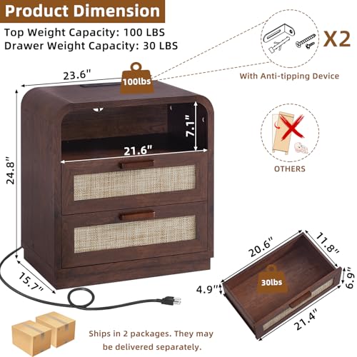Image of LEYAOYAO Rattan Nightstands Set of 2 with Charging Station, Walnut | 23.6 inch Curved 2 Drawers Nightstand with Storage Shelf & Solid Handle, Boho Bedside Tables for Bedroom, Living Room