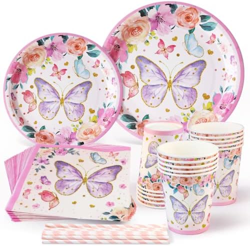 Butterfly Birthday Party Supplies Butterfly Paper Plates Set for 25 Guests Butterfly Theme Party Decorations Plates and Napkins Cups Straws Disposable Tableware Sets Girls Baby Shower Decorations